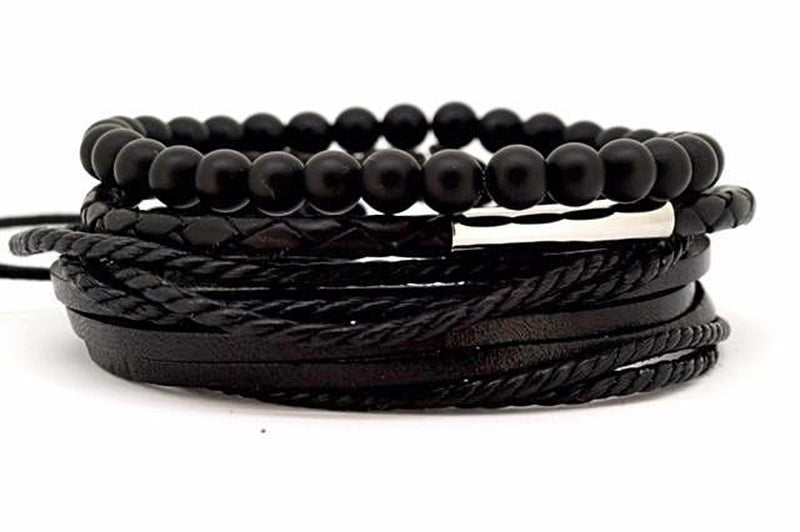 combo bracelets homme black label noir cuir et perle